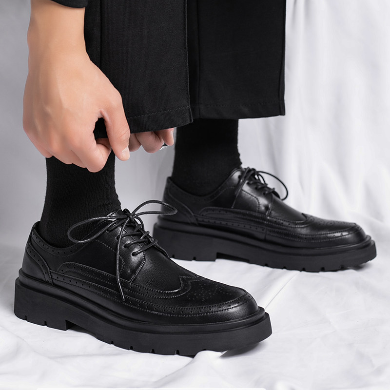 皮鞋男款黑系鞋带青少年英伦风复古厚底增高男士休闲小皮鞋高级感