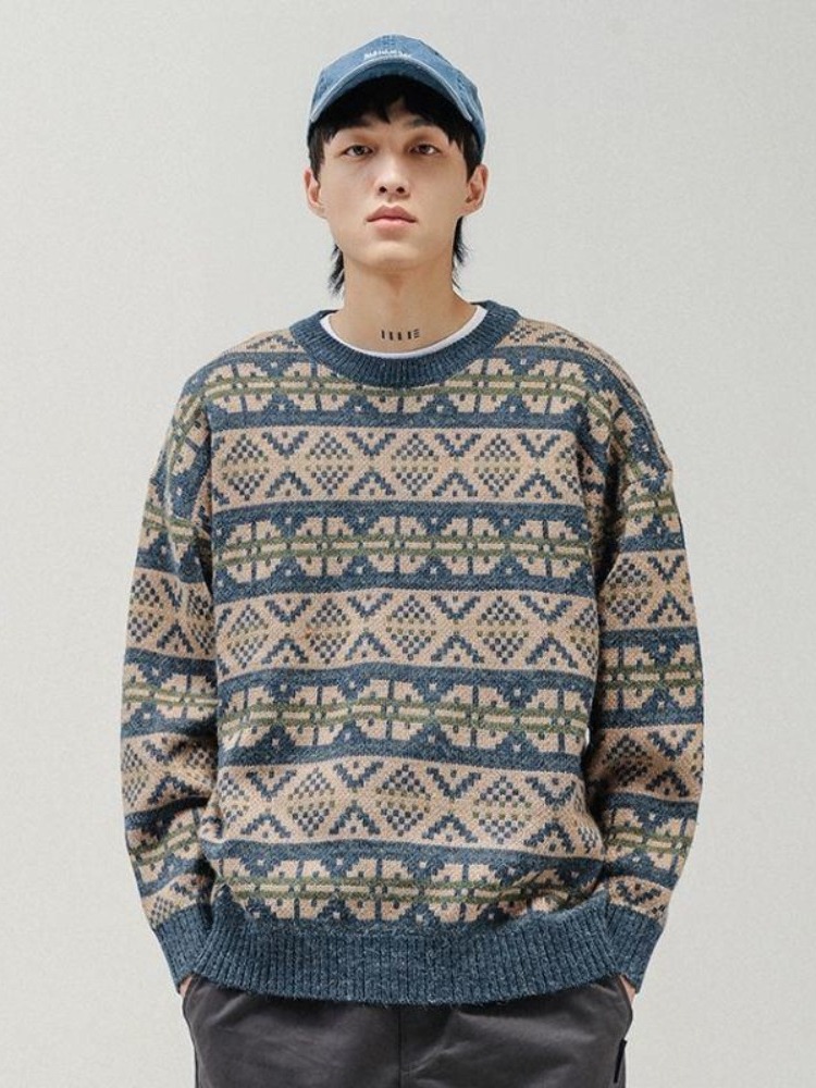 日系新款复古花纹图案毛衣男士秋冬新款加厚圆领针织衫上衣潮男
