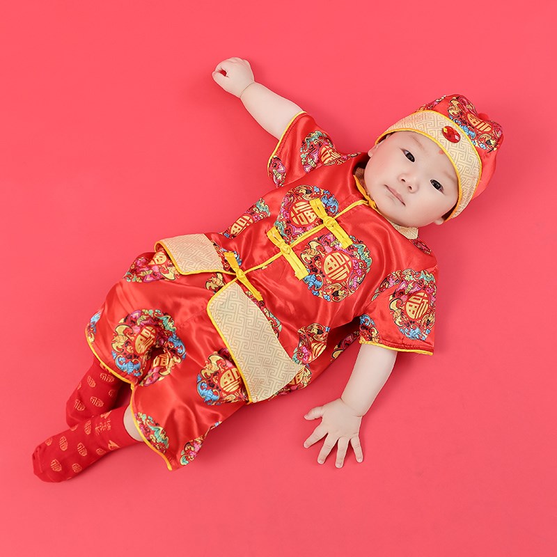 一周岁礼服男宝宝夏季薄款婴儿中式D唐装短袖P儿童红色抓周服百日