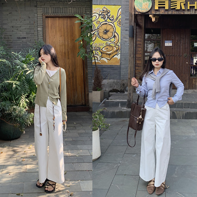 （送腰带）PERRY自制小个子气质法式白色九分裤宽松小码150xxs