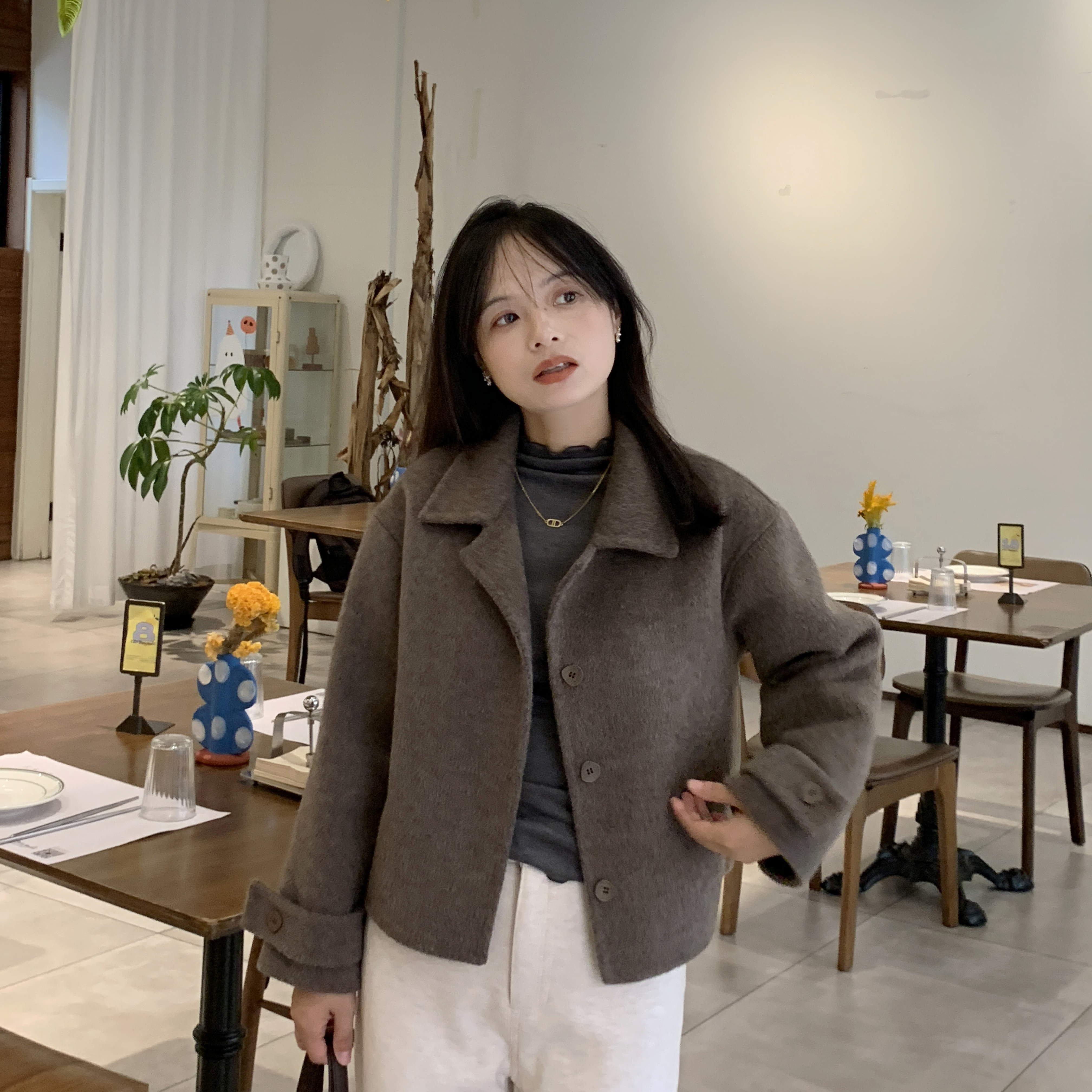 PERRY自制小个子100羊毛经典翻领短款双面大衣小码150xxs