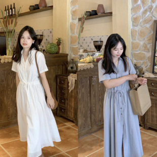 PERRY自制小个子法式衬衫抽绳棉麻衬衫连衣裙小码150xxs