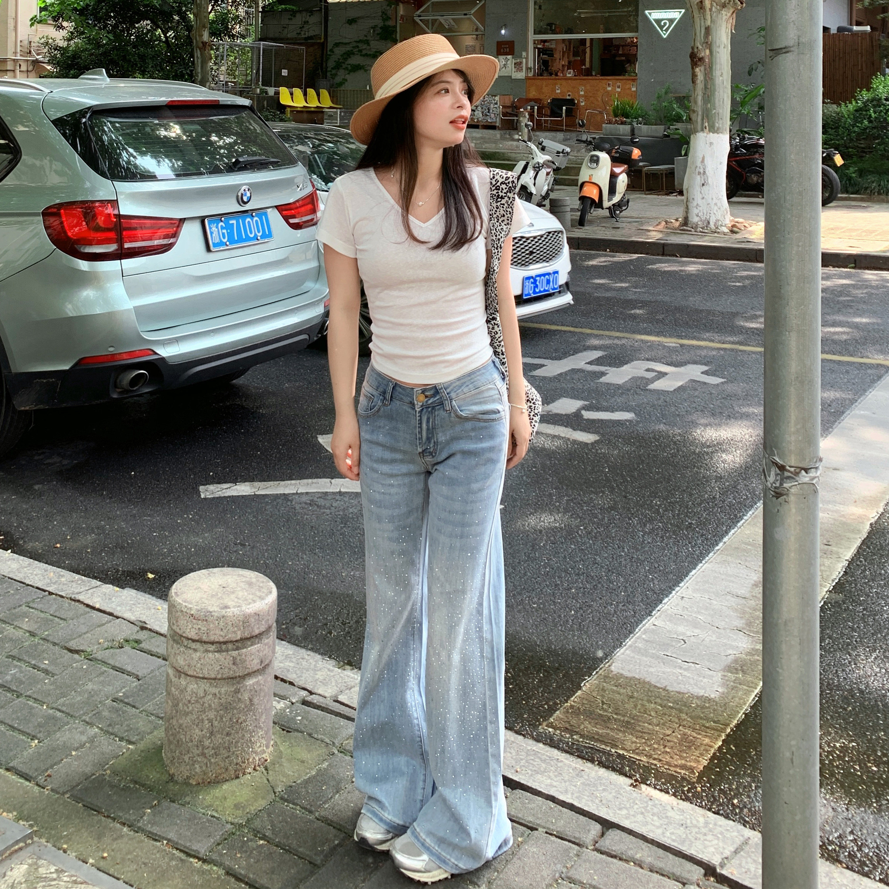 PERRY自制小个子砖石爆闪美式微喇牛仔裤低腰显瘦喇叭长裤150xxs图片
