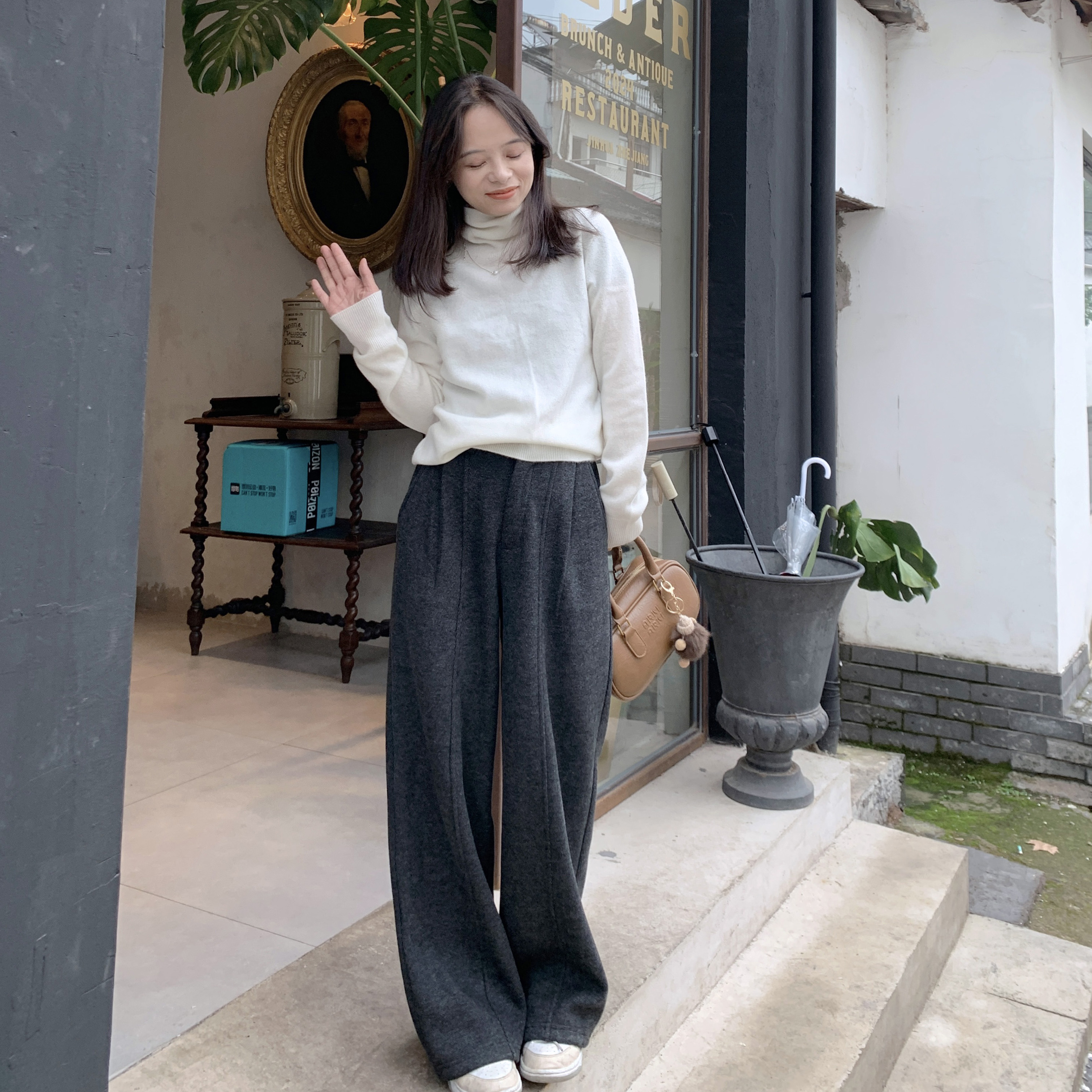 PERRY自制小个子醋酸羊毛人子纹加绒加厚宽松拖地裤小码150xxs