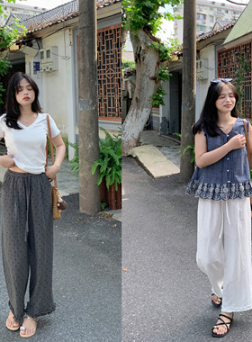 PERRY自制小个子松弛感阔腿裤花边波点麻料裤小码150xxs