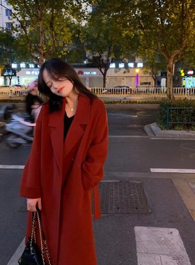 PERRY自制小个子红色新年10o羊毛长款大衣小码150xxs