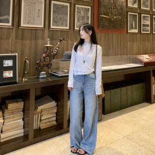 PERRY自制小个子 复古折痕水洗直筒宽松牛仔裤女长裤150xxs小码