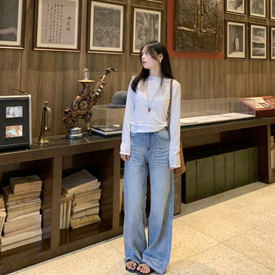 PERRY自制小个子 复古折痕水洗直筒宽松牛仔裤女长裤150xxs小码