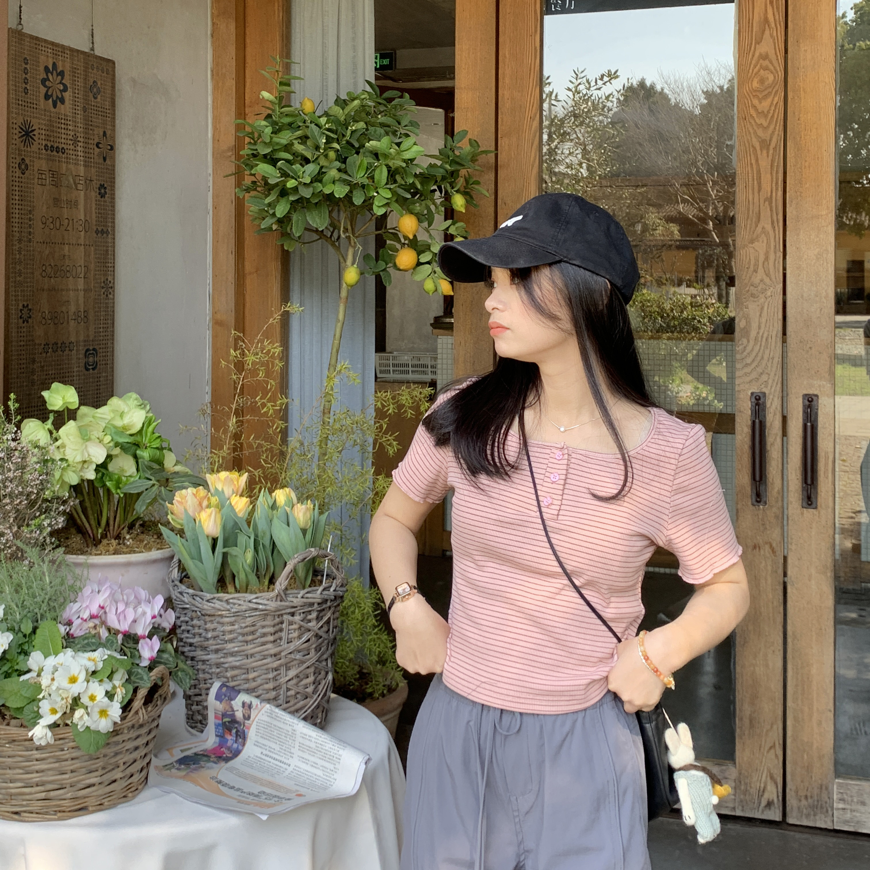 PERRY自制小个子方领粉色条纹短袖T恤小码150xxs