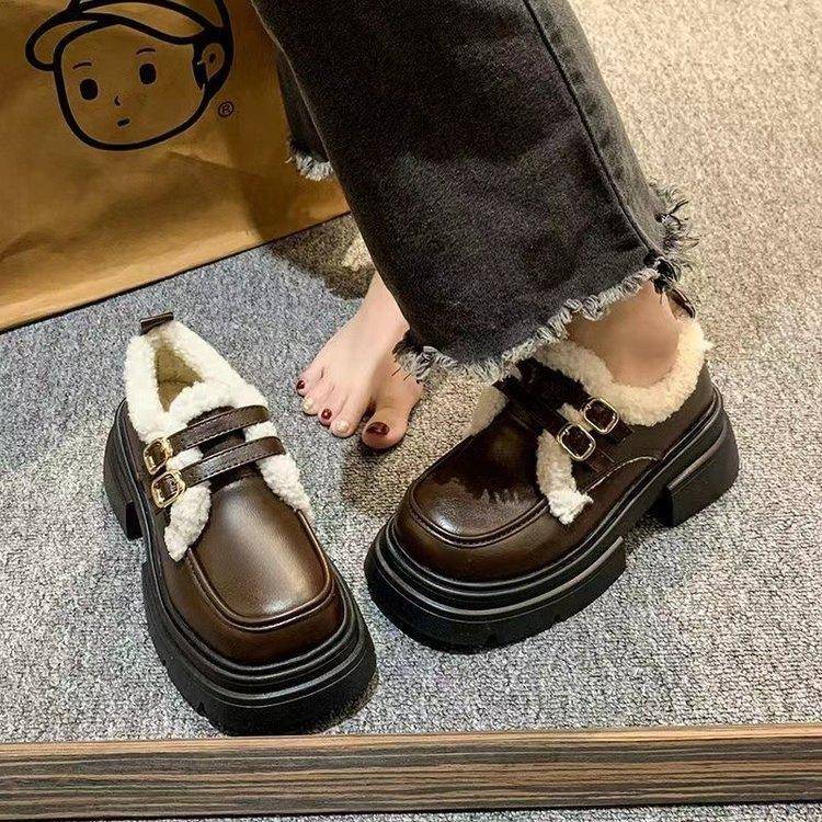 英伦风小皮鞋女冬季加绒厚底爆款毛毛豆豆鞋2025新款保暖棉鞋单鞋