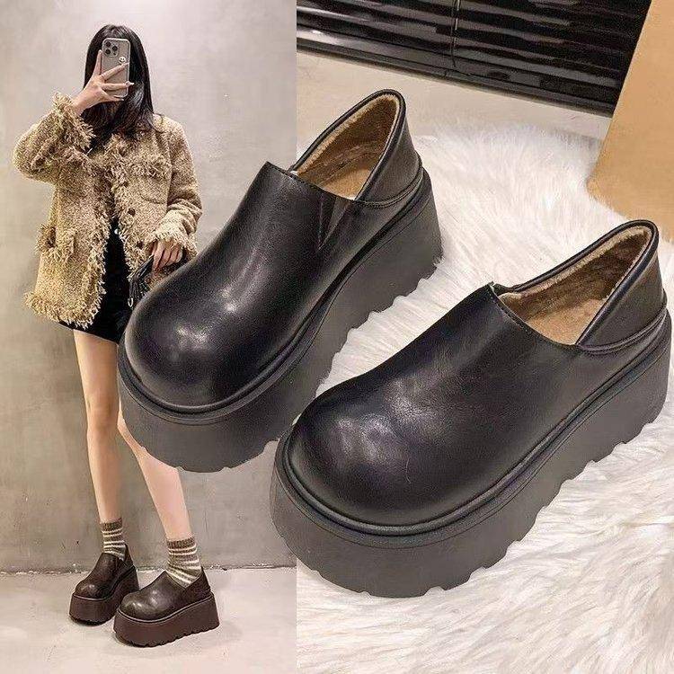厚底增高勃肯鞋女2025秋冬新款懒人一脚蹬乐福鞋加绒保暖毛毛棉鞋