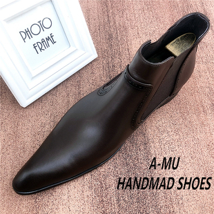 新款英伦复古尖头切尔西靴男真皮商务短靴套筒马丁靴潮青年时装靴