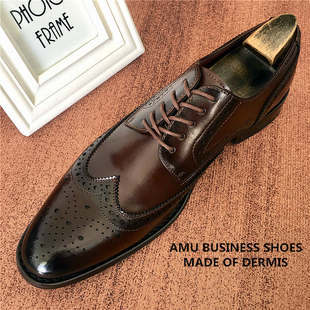 真皮布洛克雕花英伦尖头正装皮鞋男时尚青年牛津鞋新郎结婚西装鞋