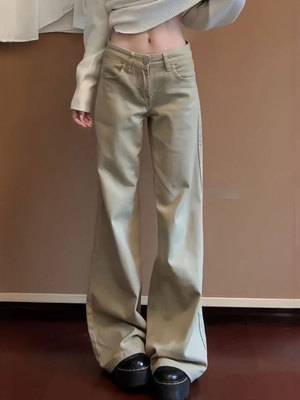 卡其色窄版微喇辣妹牛仔裤女高个子加长秋冬新款低腰拖地喇叭裤子