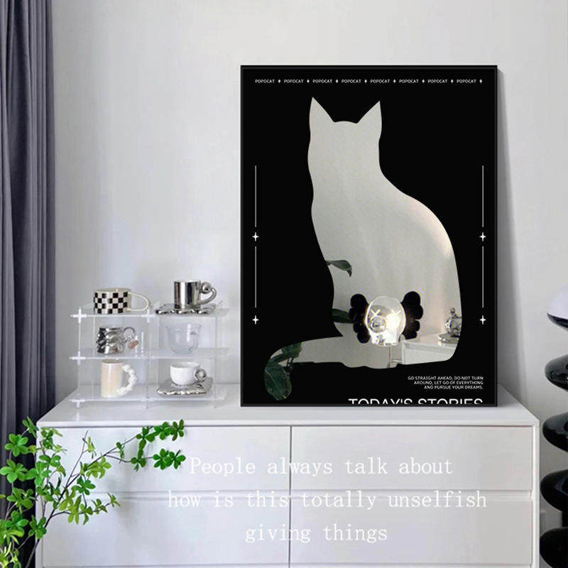 ins镜子装饰画摆件 极简黑白背影猫卧室玄关镜面桌面摆画餐厅挂画