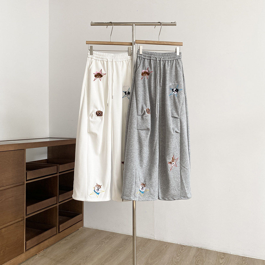 韩版高腰小狗刺绣阔腿裤女春季026新款温柔慵懒风宽松显瘦休闲裤