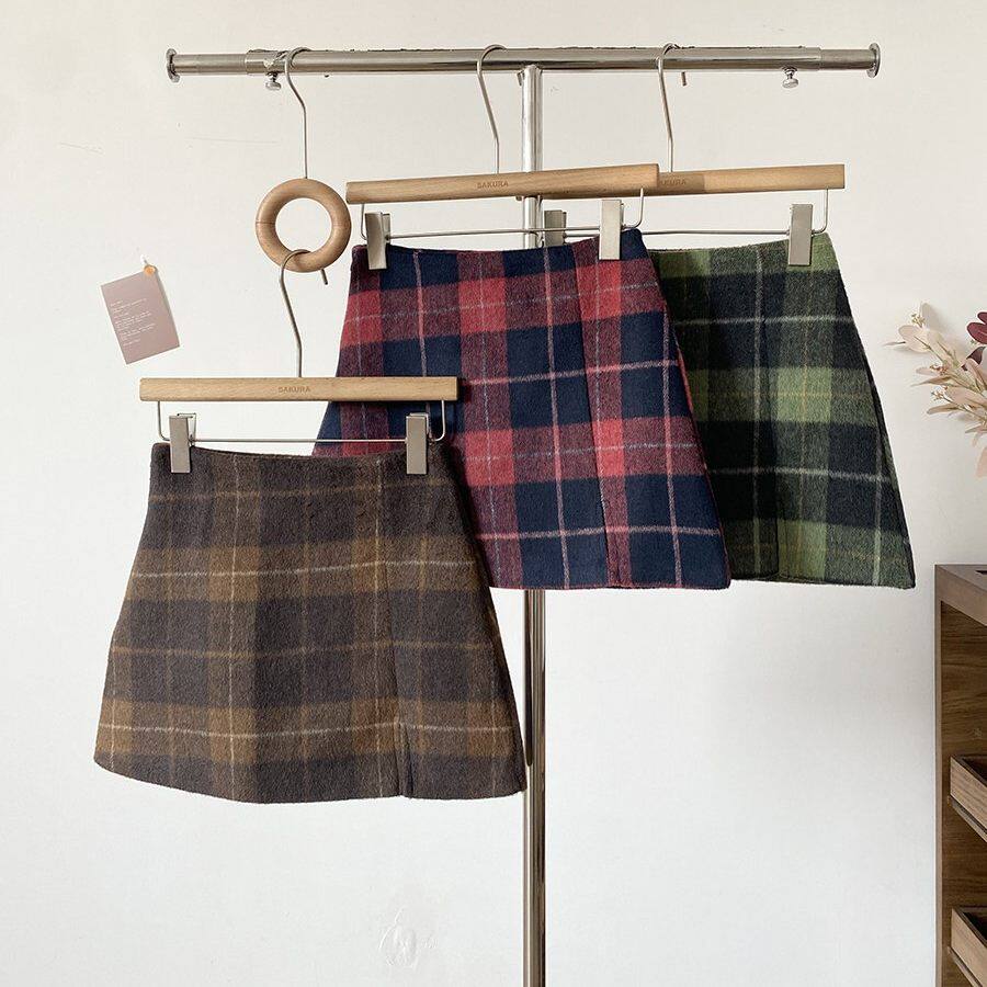 学院风格纹A字半身裙女春夏复古高腰撞色毛呢短裙百搭显瘦通勤裙