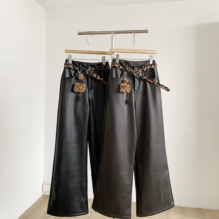 高腰加绒加厚PU皮休闲裤女2025冬季新款韩版百搭咖啡色长裤拖地裤