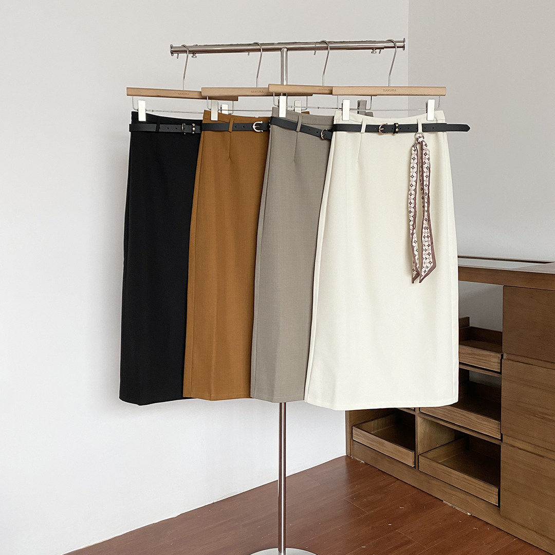 韩系chic通勤风高腰A字半身裙女春夏季新款中长款显瘦包臀配腰带