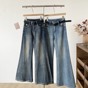 美式复古高腰水洗亮片阔腿牛仔裤女2026春季通勤百搭显瘦微喇长裤