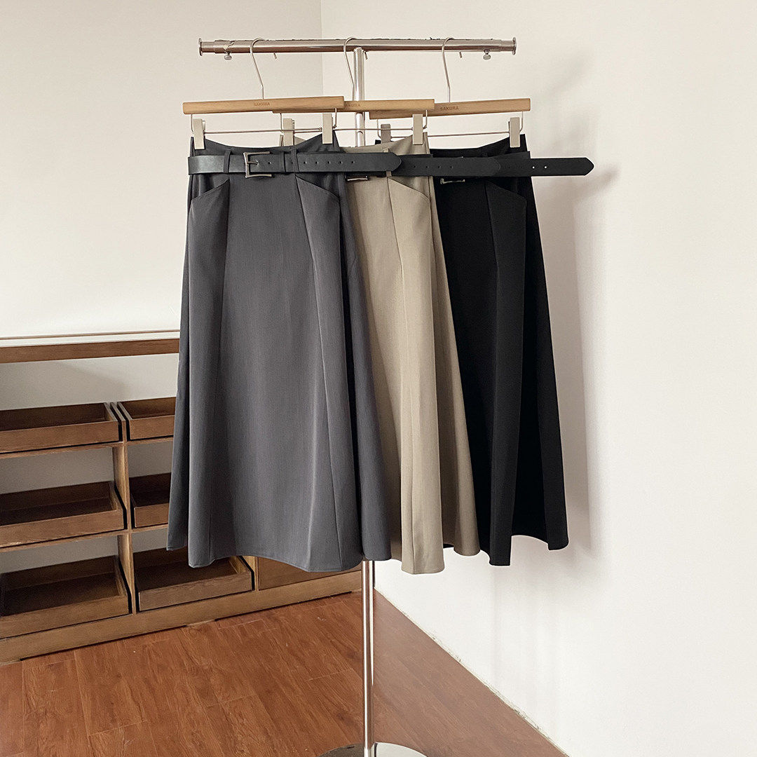 韩版通勤简约风高腰A字半身裙女春夏季新款chic百搭中长裙配腰带