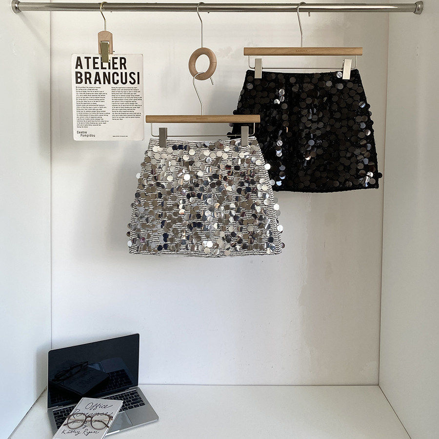 韩版小个子华丽风亮片半身裙女春季新款复古高腰A字显瘦通勤短裙