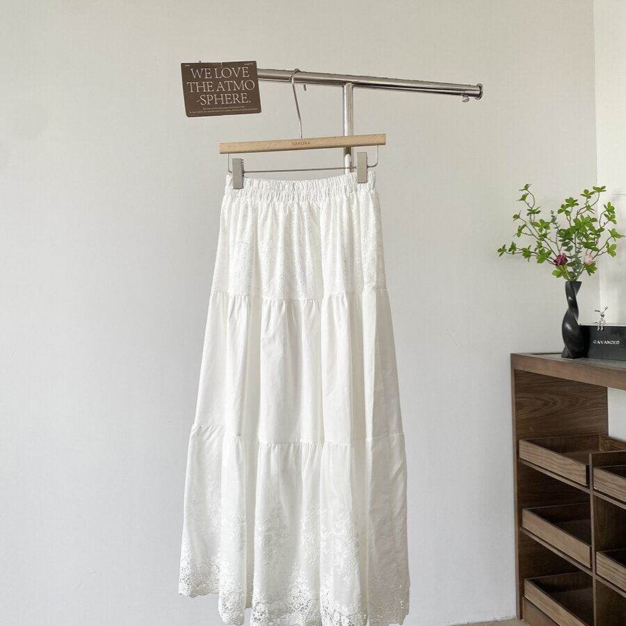 甜美风镂空勾花高腰A字半身裙女春夏季新款法式中长款遮跨蛋糕裙