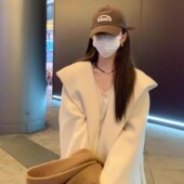 白色斗篷双面小个子羊毛大衣女秋冬新款 系带收腰连帽呢子毛呢外套