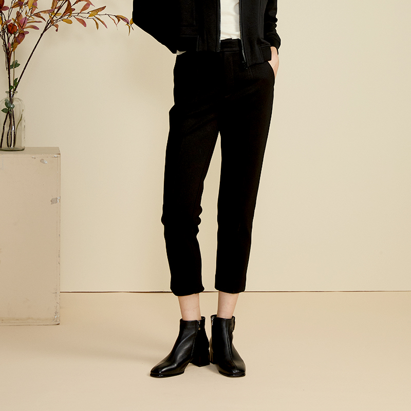 前拉链腰部系扣斜插兜小脚裤