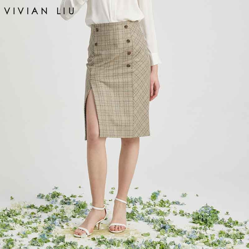 双排扣装饰侧开叉拉链半裙