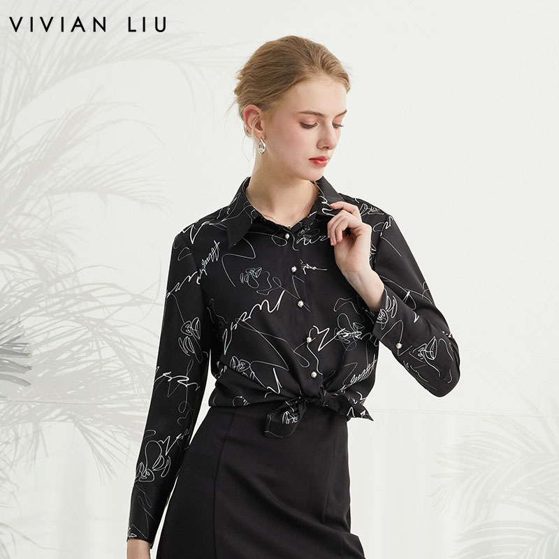 翻领单排扣印花长袖衬衫