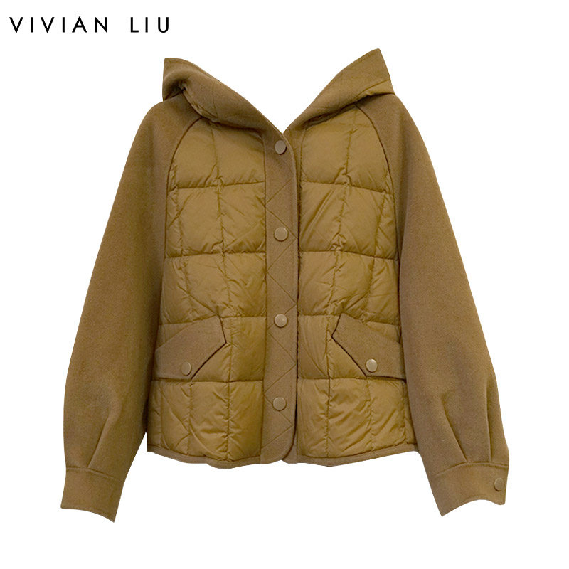 VIVIAN LIU薇薇安刘TD2418802春女装新款连帽毛呢拼接羽绒短外套