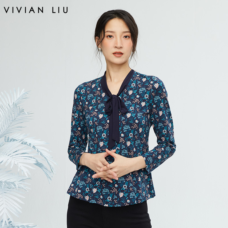 印花系飘带针织长袖上衣