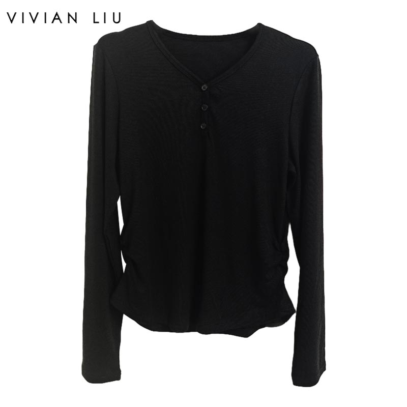 秋季女装新款V领三粒扣打底衫
