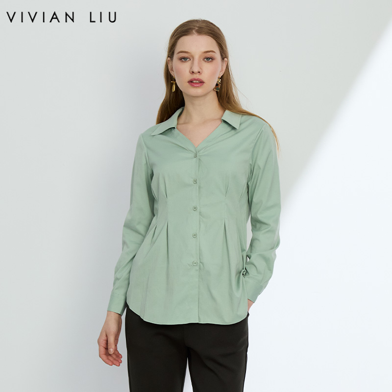VIVIAN LIU R2443006初秋女装新款翻V领不规则下摆长袖衬衫