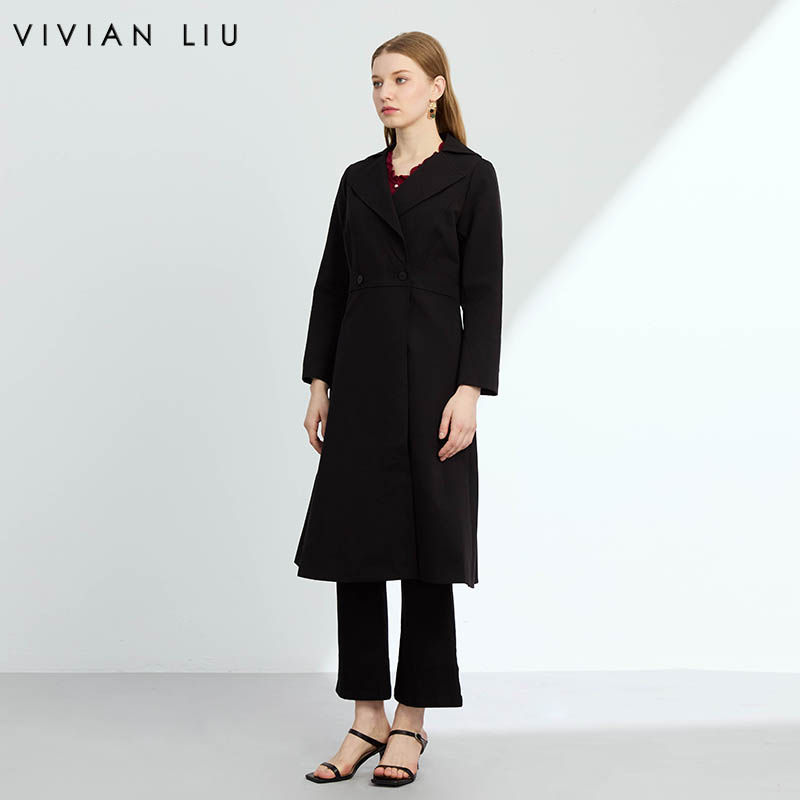 VIVIAN LIUR2443101 25春季新款大翻领双排扣斜插大口袋长款风衣