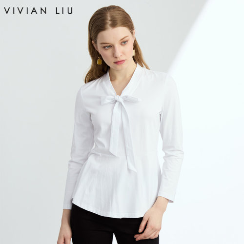 VIVIAN LIUR2447318 25春新款时尚V领系带下摆A字长袖针织上衣