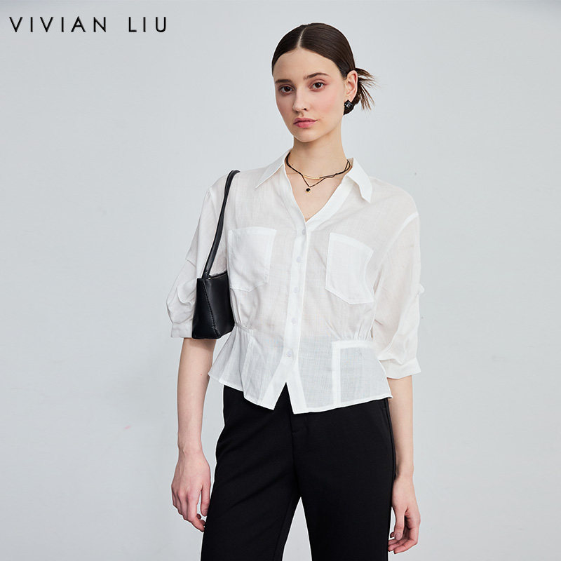 VIVIAN LIU D2633011夏女装新款小翻领下摆前系带外搭短款衬衫