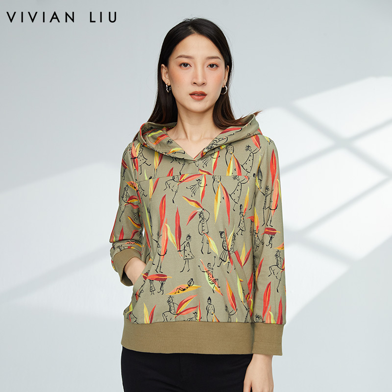 连帽印花插兜显瘦针织上衣