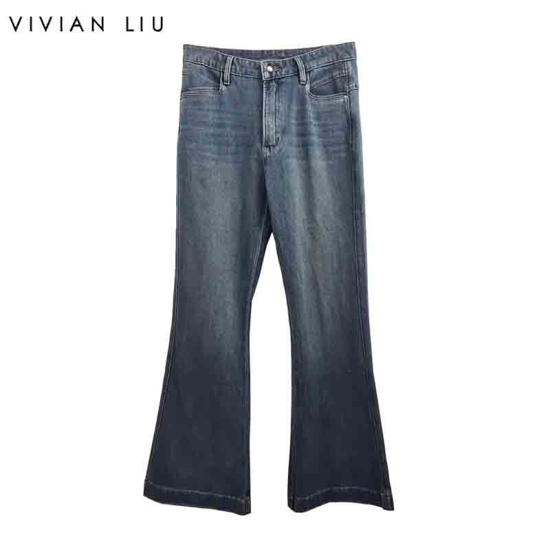 VIVIAN LIU D2525009梅春女装新款时尚插兜牛仔喇叭蜜桃裤