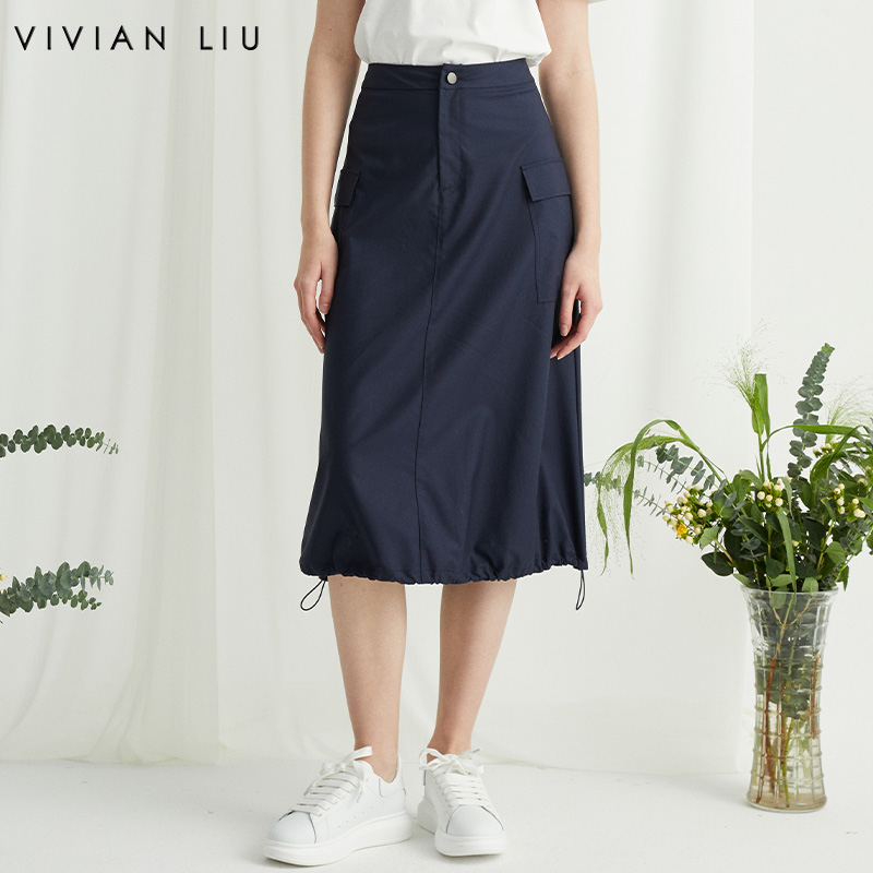 时尚腰部系扣下摆抽绳A字半裙