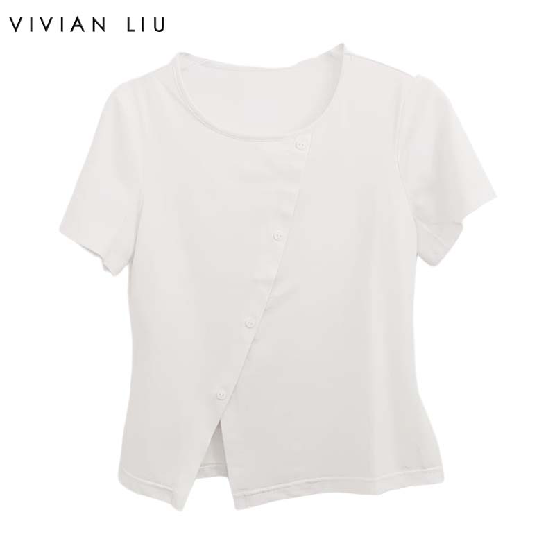 VIVIANLIU斜排纽扣短袖针织T恤