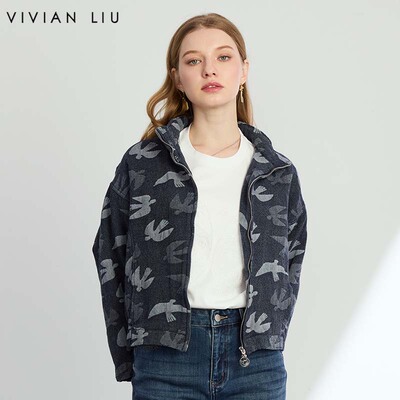 VIVIAN LIU R2453107 2025春女装立领拉链短款下摆松紧牛仔外套