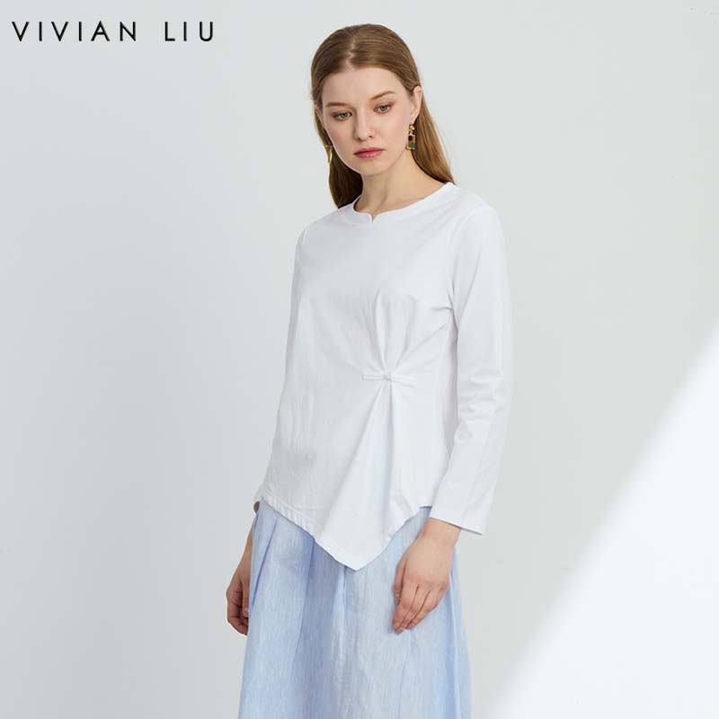 VIVIAN LIU R2457311秋新款圆领宽松侧腰褶皱不规则下摆针织衫