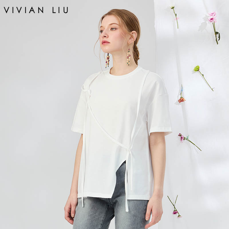 VIVIAN LIU V2537307 夏季女装圆领装饰本料可拆卸带子宽松T恤