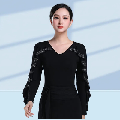 新款拉丁舞练功服女烫钻荷叶边