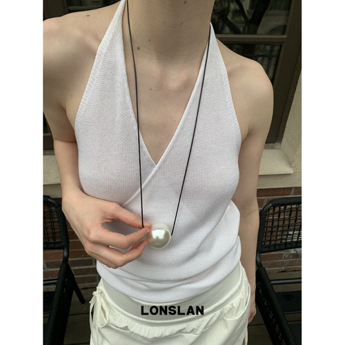 LONSLAN ACC 春夏大颗珍珠黑绳长款项链百搭毛衣链