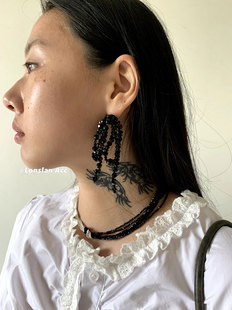 LONSLAN 复古小众黑色串珠流苏感蝴蝶结耳环 ACC