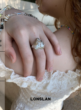 LONSLAN ACC 2025ss 设计感银色简约图腾戒指桃心花纹食指戒