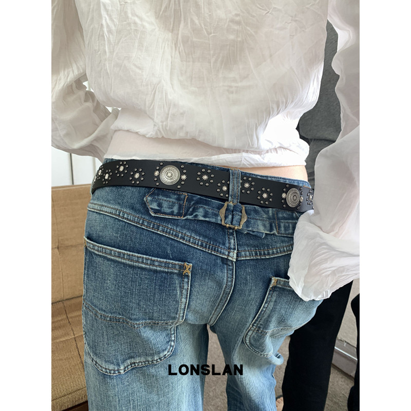 LONSLAN ACC设计感时尚复古铆钉个性街头休闲腰带个性黑色皮带图片